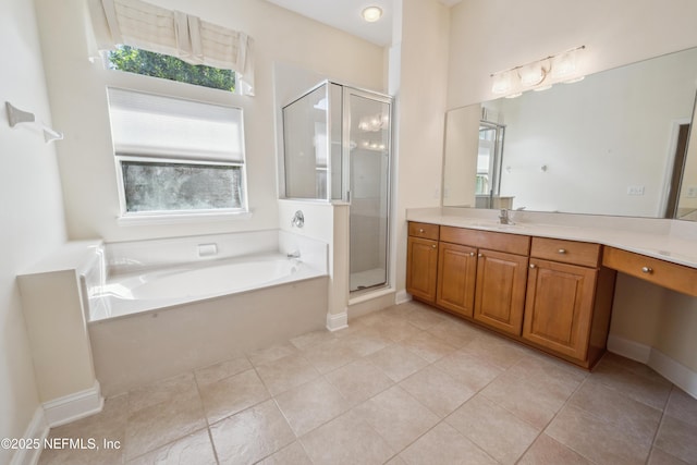 3099 Five Oaks Ln, Green Cove Springs, FL 32043 - bathroom featuring vanity, a bath, a shower stall, and tile patterned flooring