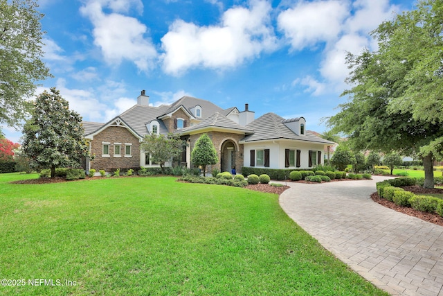 craftsman house with a tiled roof, curved driveway, and a front lawn