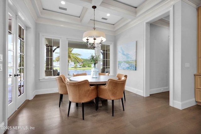 dining space featuring baseboards, coffered ceiling, dark wood-style flooring, and visible vents