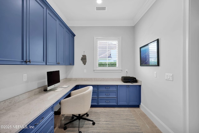 home office featuring built in study area, light tile patterned floors, crown molding, and visible vents