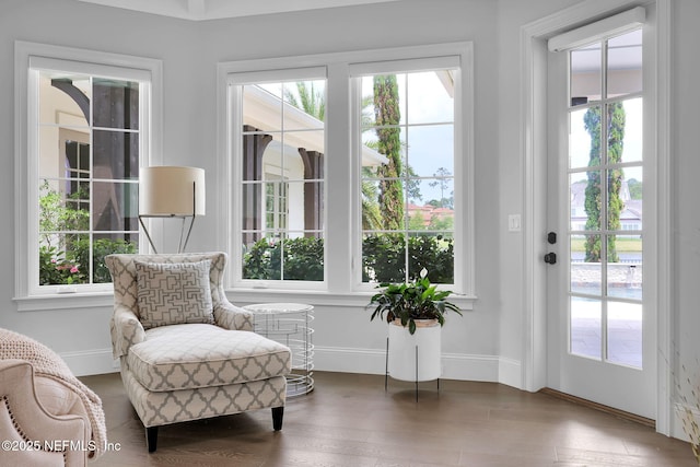 living area featuring baseboards, a healthy amount of sunlight, and wood finished floors