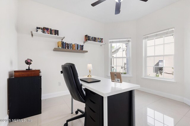 206 Woodland Greens Dr, Ponte Vedra, FL 32081 - office featuring a ceiling fan, baseboards, and light tile patterned floors