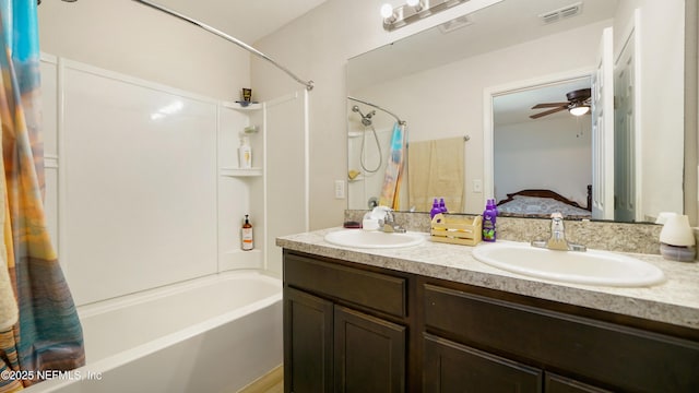 full bath featuring a sink, shower / bath combo, double vanity, and visible vents