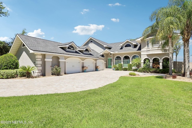 1833 N Lakeshore Dr, Fleming Island, FL 32003 - view of front of home with roof with shingles, an attached garage, a front lawn, stucco siding, and decorative driveway