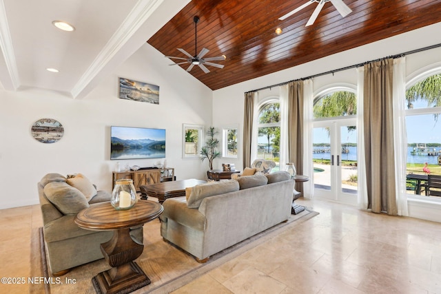 1833 N Lakeshore Dr, Fleming Island, FL 32003 - living area with wooden ceiling, ceiling fan, recessed lighting, and high vaulted ceiling
