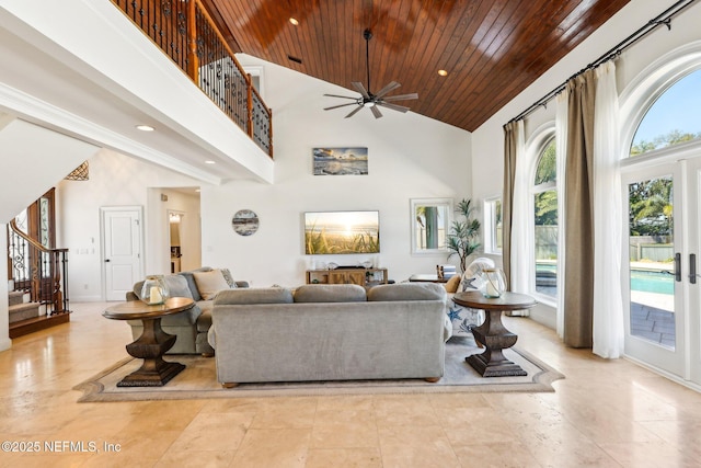 1833 N Lakeshore Dr, Fleming Island, FL 32003 - living area with stairway, high vaulted ceiling, recessed lighting, and wooden ceiling