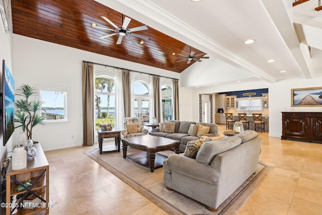 1833 N Lakeshore Dr, Fleming Island, FL 32003 - living area featuring lofted ceiling, recessed lighting, wood ceiling, a ceiling fan, and light tile patterned floors
