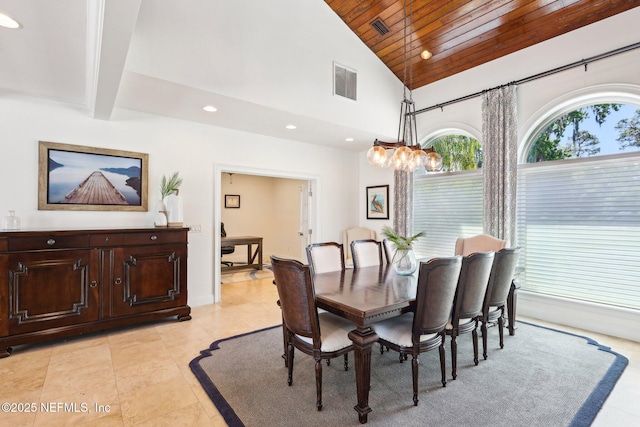 1833 N Lakeshore Dr, Fleming Island, FL 32003 - dining area with wood ceiling, a notable chandelier, recessed lighting, and visible vents