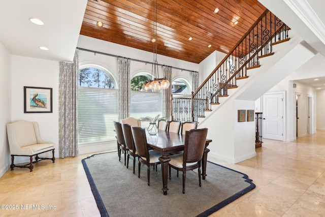1833 N Lakeshore Dr, Fleming Island, FL 32003 - dining room featuring baseboards, a chandelier, wood ceiling, and stairway