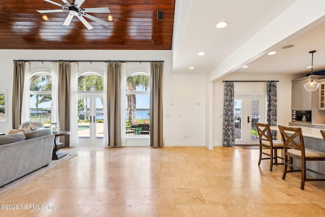 1833 N Lakeshore Dr, Fleming Island, FL 32003 - interior space featuring visible vents, recessed lighting, wood ceiling, french doors, and a ceiling fan