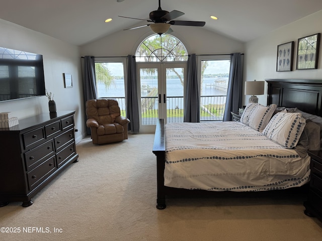 1833 N Lakeshore Dr, Fleming Island, FL 32003 - bedroom with recessed lighting, access to exterior, lofted ceiling, and light carpet