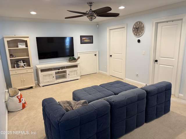 1833 N Lakeshore Dr, Fleming Island, FL 32003 - living room with a ceiling fan, crown molding, baseboards, light carpet, and recessed lighting