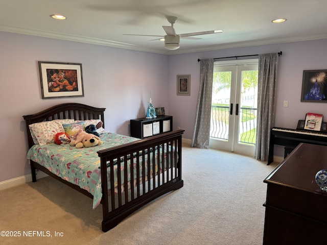 1833 N Lakeshore Dr, Fleming Island, FL 32003 - bedroom featuring access to outside, ornamental molding, and carpet