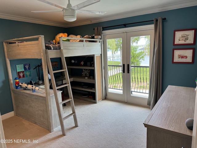 1833 N Lakeshore Dr, Fleming Island, FL 32003 - carpeted bedroom with french doors, crown molding, access to outside, and multiple windows