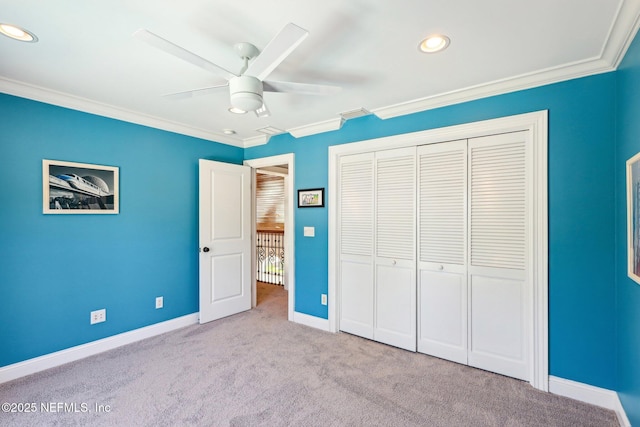 1833 N Lakeshore Dr, Fleming Island, FL 32003 - unfurnished bedroom featuring crown molding, recessed lighting, baseboards, and carpet