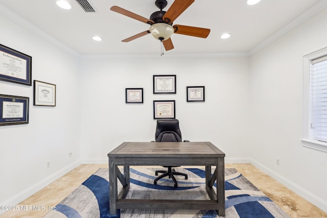 1833 N Lakeshore Dr, Fleming Island, FL 32003 - office area with visible vents, a ceiling fan, baseboards, and recessed lighting