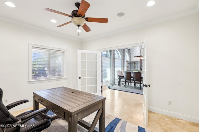 1833 N Lakeshore Dr, Fleming Island, FL 32003 - home office featuring crown molding, recessed lighting, and a healthy amount of sunlight