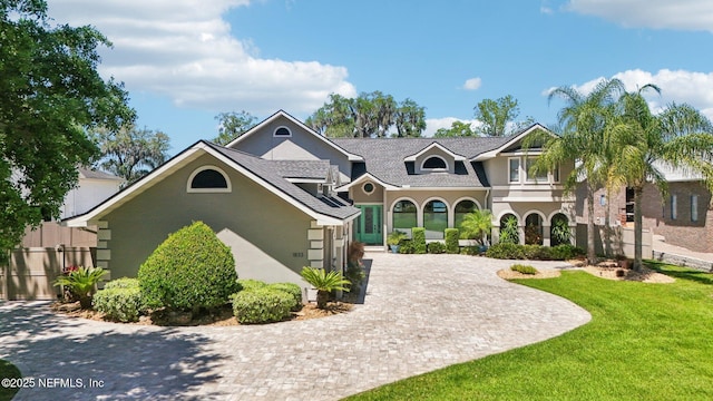 1833 N Lakeshore Dr, Fleming Island, FL 32003 - view of front of home featuring fence, a shingled roof, a front lawn, stucco siding, and driveway