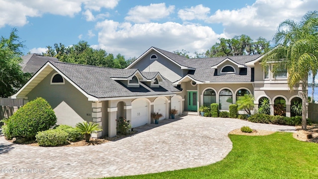 1833 N Lakeshore Dr, Fleming Island, FL 32003 - view of front of home with a garage, roof with shingles, stucco siding, and decorative driveway