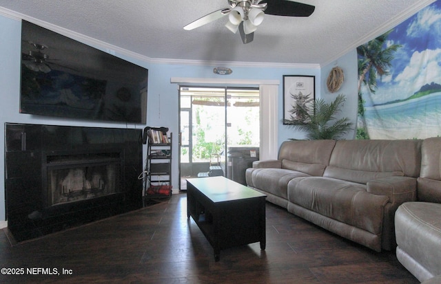 1403 Marsh Cove Ct, Ponte Vedra Beach, FL 32082 - living area featuring a ceiling fan, crown molding, a textured ceiling, wood finished floors, and a fireplace