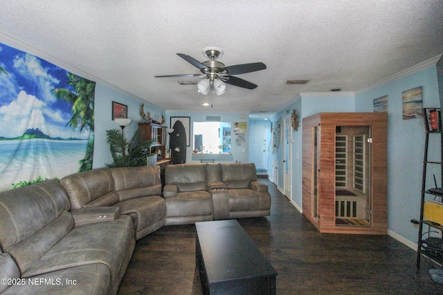 1403 Marsh Cove Ct, Ponte Vedra Beach, FL 32082 - living area featuring ornamental molding, a ceiling fan, wood finished floors, a textured ceiling, and baseboards