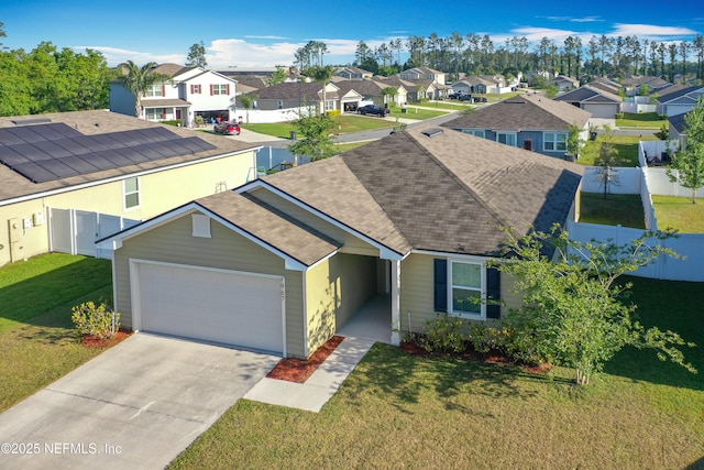 ranch-style house with a residential view, a front lawn, driveway, an attached garage, and a shingled roof
