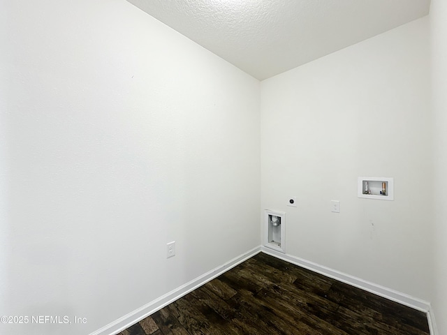 laundry room featuring hookup for a washing machine, hookup for an electric dryer, baseboards, dark wood-style flooring, and laundry area