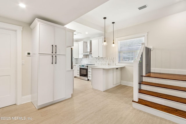 kitchen featuring wall chimney range hood, backsplash, visible vents, stainless steel range with electric stovetop, and a peninsula