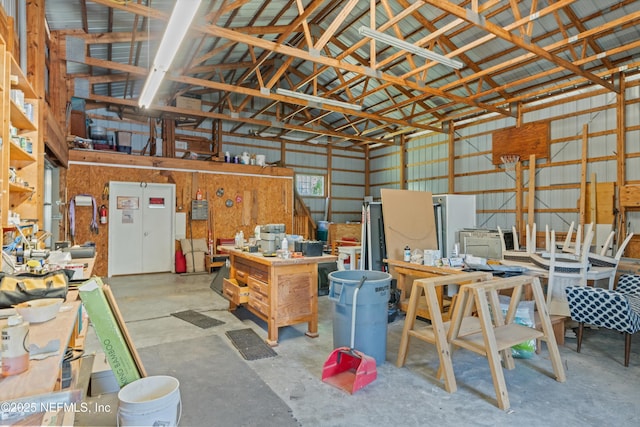 garage with a workshop area