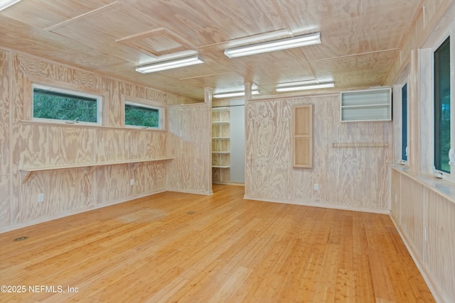 unfurnished room featuring wood finished floors, wood walls, and wood ceiling