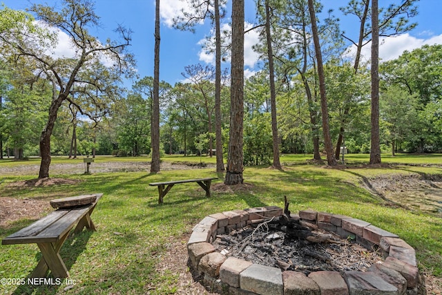 view of property's community featuring an outdoor fire pit, a lawn, and view of wooded area