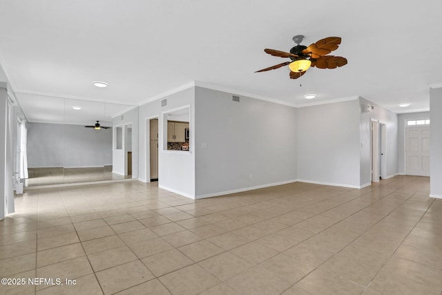 empty room featuring light tile patterned floors, ceiling fan, baseboards, ornamental molding, and recessed lighting
