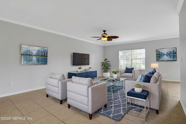 living room featuring a ceiling fan, ornamental molding, and light tile patterned floors