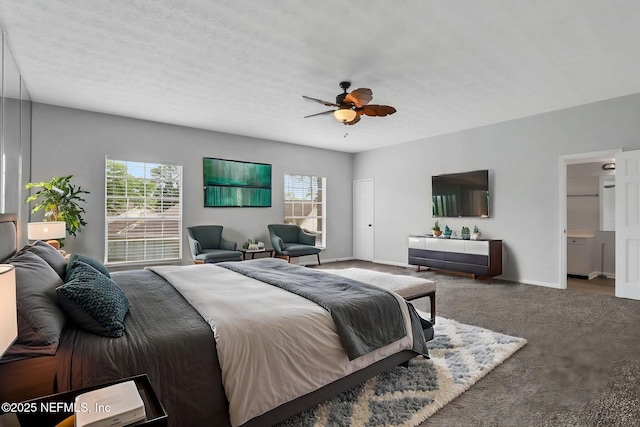 bedroom featuring carpet floors, a ceiling fan, baseboards, and multiple windows
