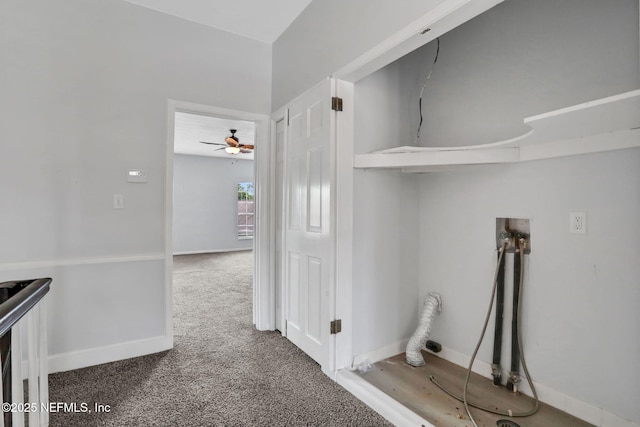 laundry room with ceiling fan, carpet floors, baseboards, laundry area, and washer hookup
