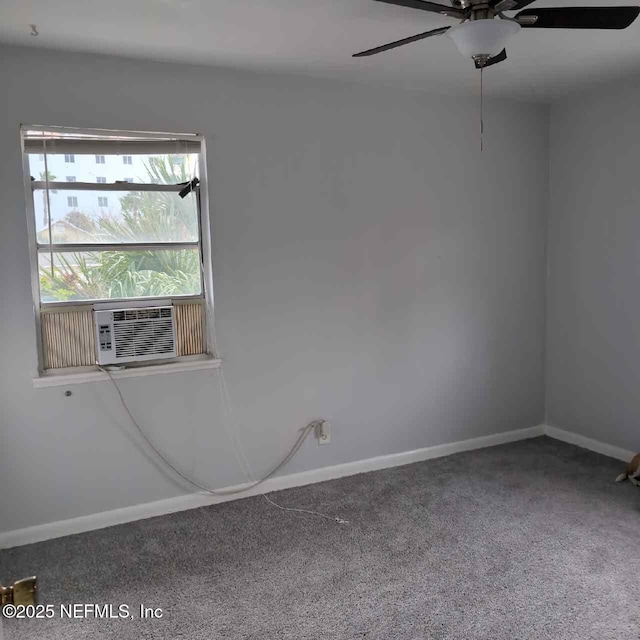 unfurnished room featuring ceiling fan, carpet floors, and baseboards