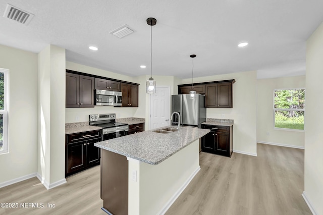 kitchen featuring light wood finished floors, dark brown cabinets, visible vents, a sink, and appliances with stainless steel finishes