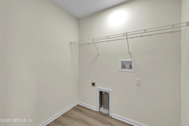 laundry room featuring light wood finished floors, hookup for an electric dryer, baseboards, washer hookup, and laundry area