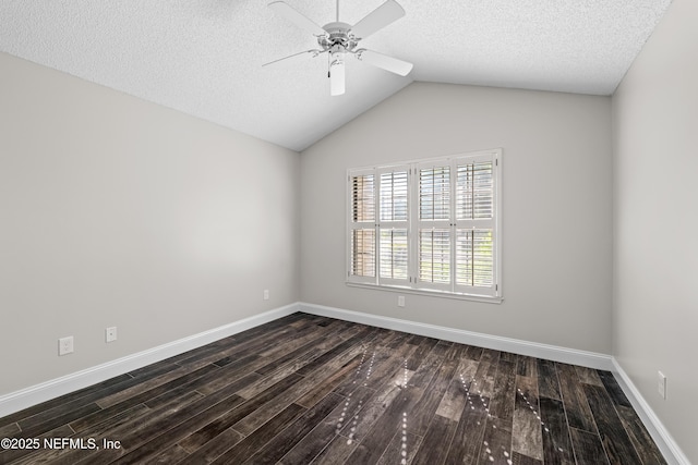 unfurnished room with a ceiling fan, baseboards, dark wood-style flooring, and a textured ceiling