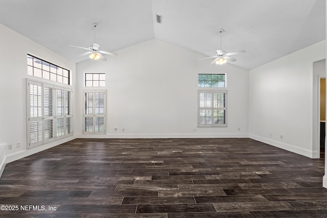 unfurnished living room featuring wood finished floors, visible vents, a ceiling fan, and high vaulted ceiling