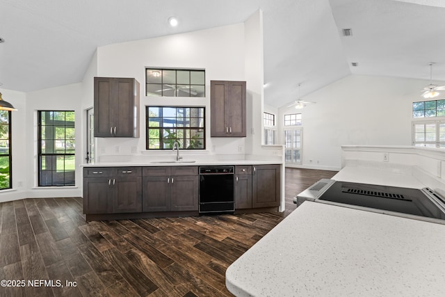 kitchen with dishwasher, dark wood-style flooring, ceiling fan, and a sink