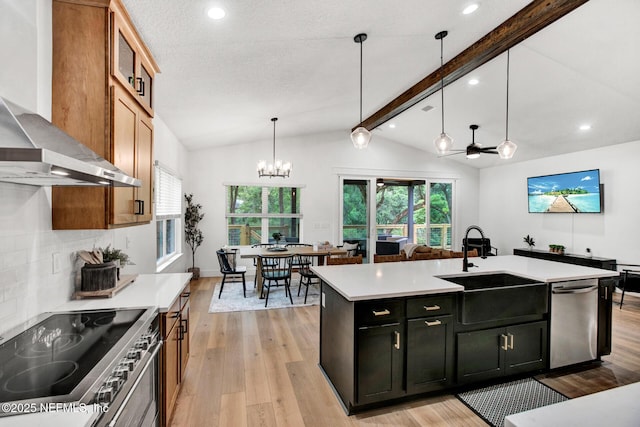 kitchen featuring light wood-style flooring, wall chimney exhaust hood, appliances with stainless steel finishes, and a sink