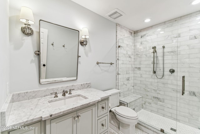 6230 Highlands Ct, Ponte Vedra Beach, FL 32082 - bathroom featuring a stall shower, vanity, toilet, and recessed lighting