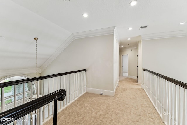 6230 Highlands Ct, Ponte Vedra Beach, FL 32082 - hallway featuring crown molding, carpet flooring, recessed lighting, an upstairs landing, and vaulted ceiling