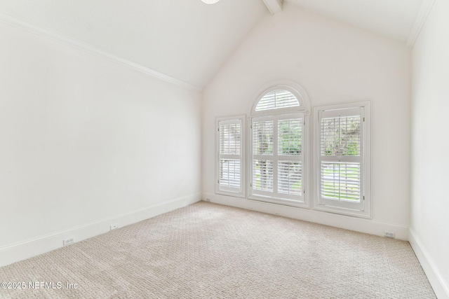6230 Highlands Ct, Ponte Vedra Beach, FL 32082 - spare room with carpet floors, high vaulted ceiling, baseboards, and beamed ceiling