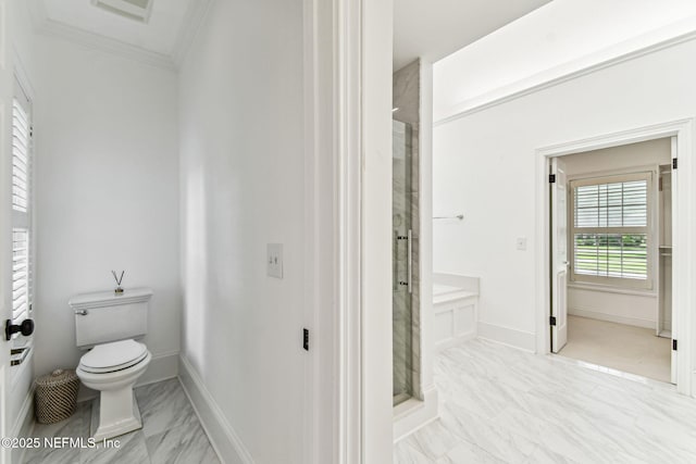 6230 Highlands Ct, Ponte Vedra Beach, FL 32082 - bathroom with marble finish flooring, ornamental molding, a shower stall, toilet, and baseboards