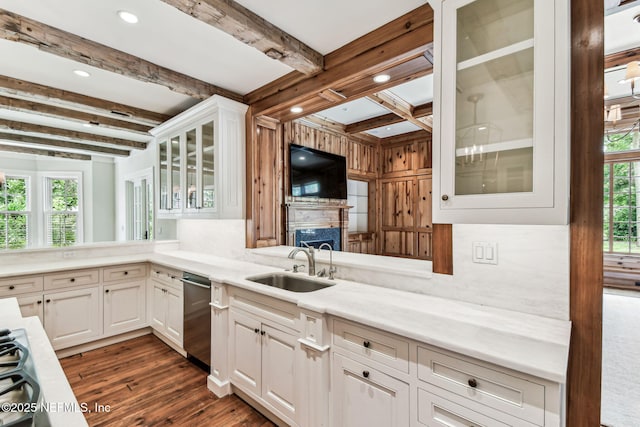 6230 Highlands Ct, Ponte Vedra Beach, FL 32082 - kitchen with a sink, dark wood-type flooring, dishwasher, beamed ceiling, and light countertops