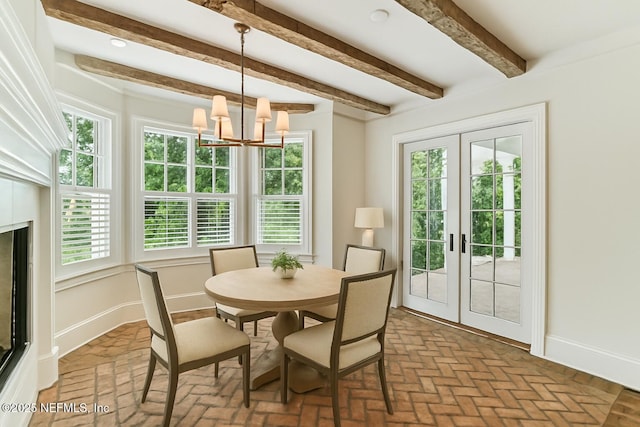 6230 Highlands Ct, Ponte Vedra Beach, FL 32082 - dining area featuring brick floors, a chandelier, healthy amount of natural light, baseboards, and beamed ceiling