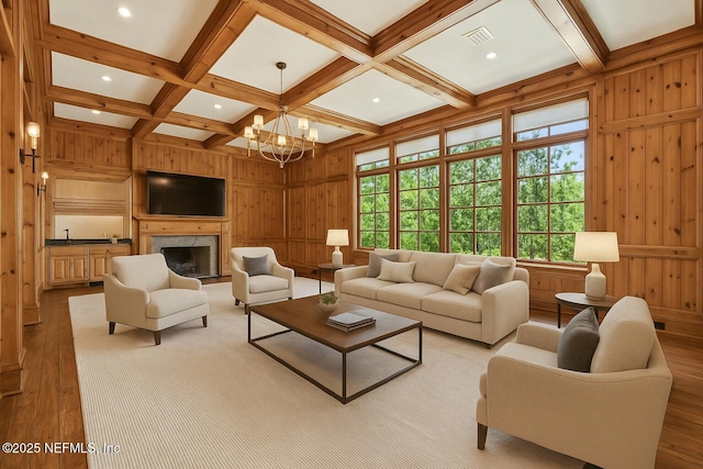 6230 Highlands Ct, Ponte Vedra Beach, FL 32082 - living room with wood finished floors, beam ceiling, wood walls, coffered ceiling, and a chandelier