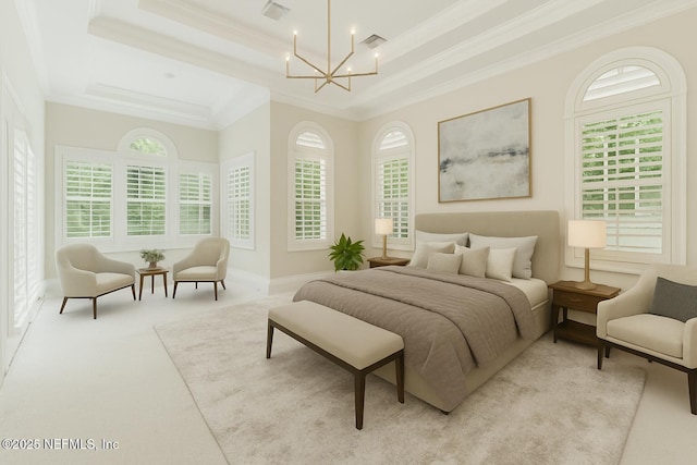 6230 Highlands Ct, Ponte Vedra Beach, FL 32082 - bedroom with a chandelier, ornamental molding, a tray ceiling, and light carpet